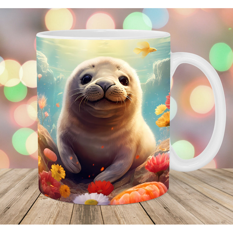 Baby Seal Mug Wrap, 11oz & 15oz Mug Template, Mug Sublimation Design, Ocean Flowers Mug Wrap Template, Instant Digital Download PNG.jpg