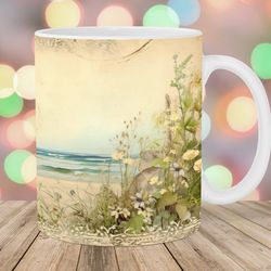 beach mug wrap  11oz and 15oz mug template  vintage mug sublimation design  flower mug wrap template
