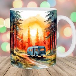 camping mug wrap  11oz & 15oz mug template  mug sublimation design  forest sunrise mug wrap template