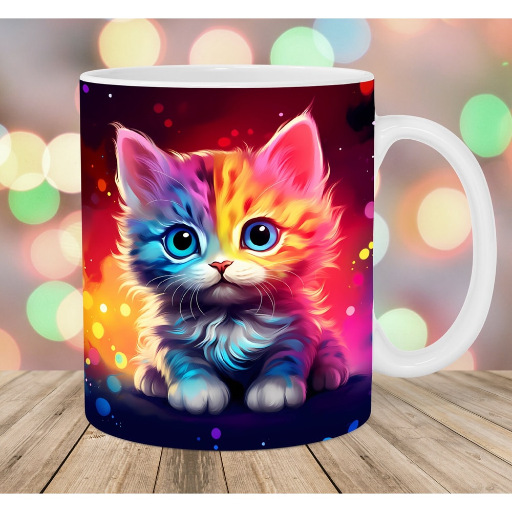 Colorful Neon Kitten Mug Wrap, 11oz And 15oz Mug Template, Mug Sublimation Design, Mug Wrap Template, Instant Digital Download PNG.jpg
