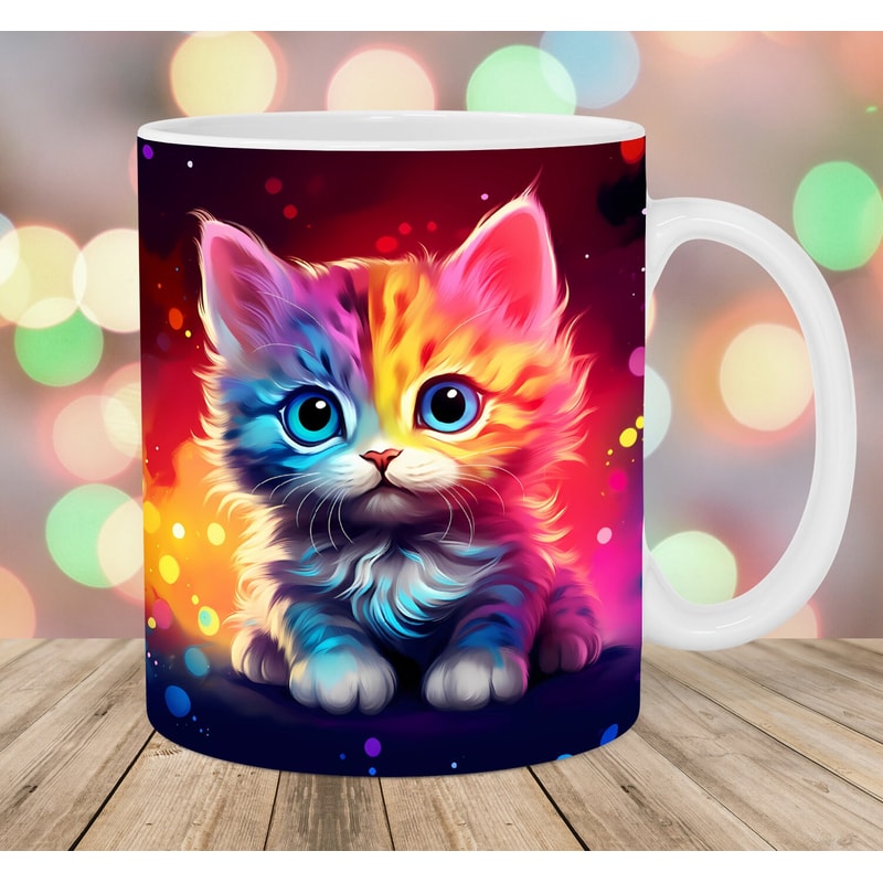 Colorful Neon Kitten Mug Wrap, 11oz And 15oz Mug Template, Mug Sublimation Design, Mug Wrap Template, Instant Digital Download PNG.jpg