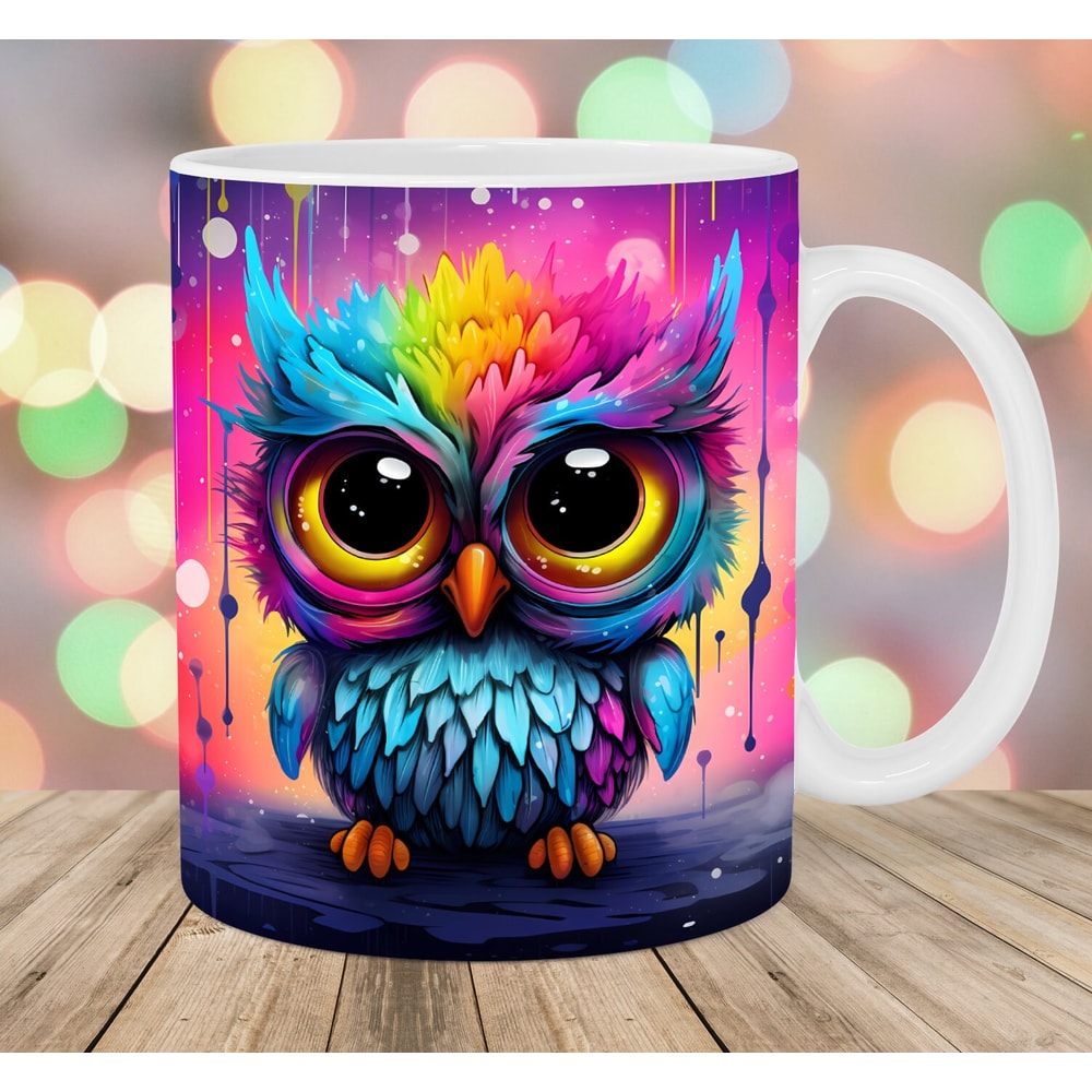 Colorful Neon Owl Mug Wrap, 11oz And 15oz Mug Template, Mug Sublimation Design, Mug Wrap Template, Instant Digital Download PNG.jpg