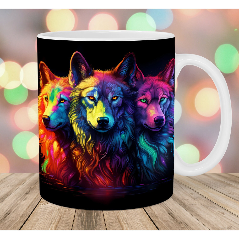 Colorful Neon Wolves Mug Wrap, 11oz & 15oz Mug Template, Mug Sublimation Design, Rainbow Mug Wrap Template, Instant Digital Download PNG.jpg