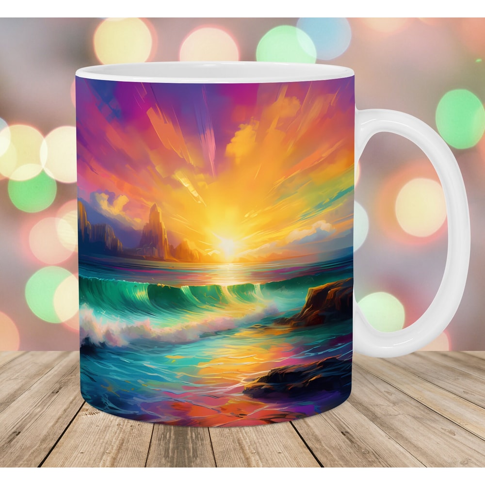 Colorful Ocean Sunset Mug Wrap, 11oz And 15oz Mug Template, Mug Sublimation Design, Mug Wrap Template, Instant Digital Download PNG.jpg
