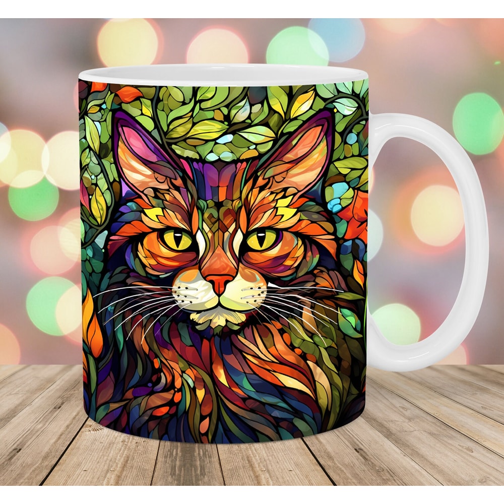 Colorful Stained Glass Cat Mug Wrap, 11oz And 15oz Mug Template, Mug Sublimation Design, Mug Wrap Template, Instant Digital Download PNG.jpg