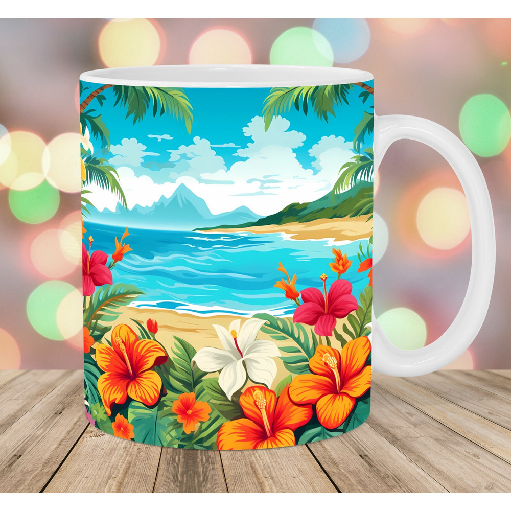 Colorful Tropical Flowers Beach Mug Wrap, 11oz & 15oz Mug Template, Mug Sublimation Design, Mug Wrap Template, Instant Digital Download PNG.jpg