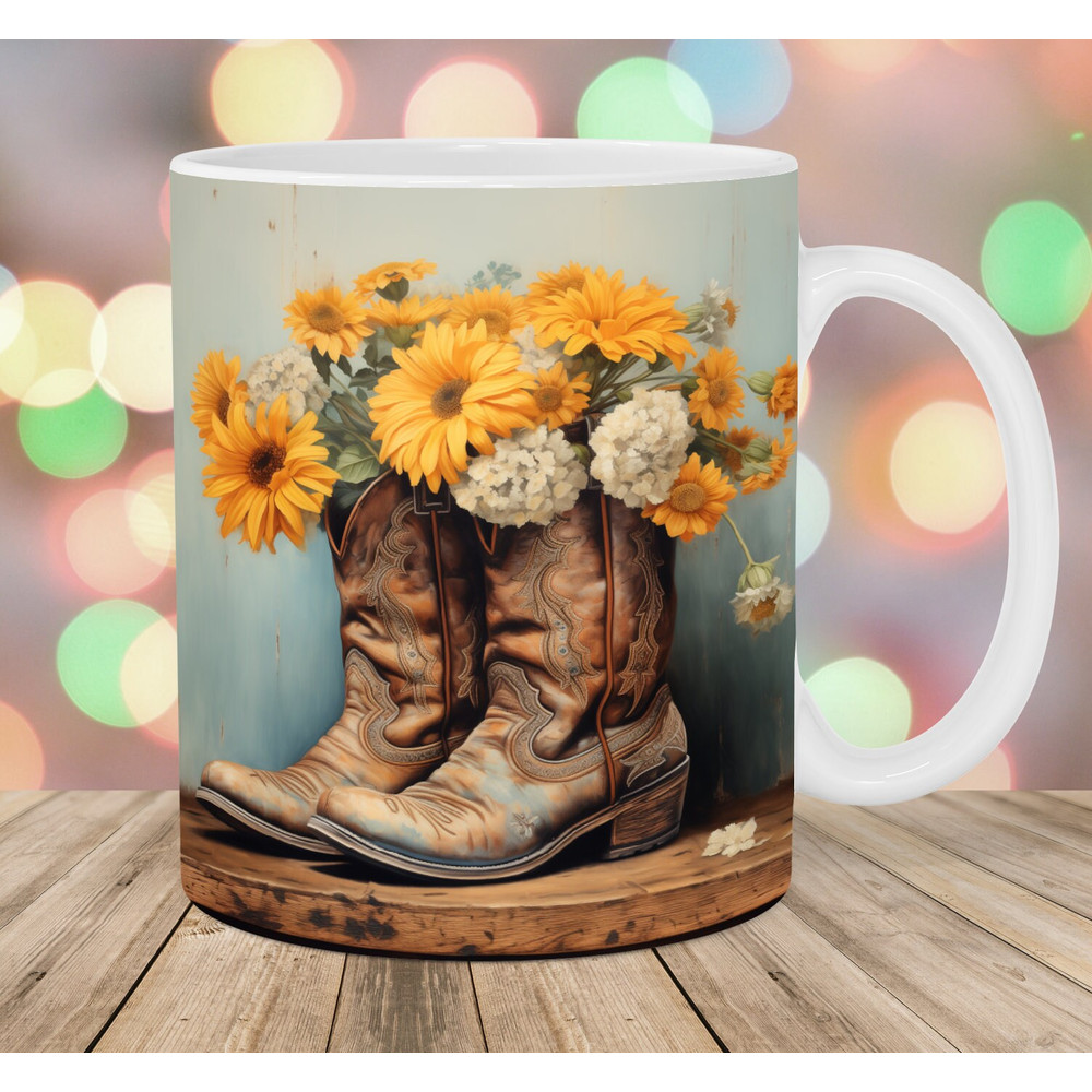 Cowboy Boots Mug Wrap, 11oz And 15oz Mug Template, Mug Sublimation Design, Yellow Flowers Mug Wrap Template, Instant Digital Download PNG.jpg