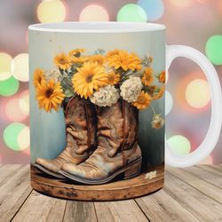 cowboy boots mug wrap  11oz and 15oz mug template  mug sublimation design  yellow flowers mug wrap template