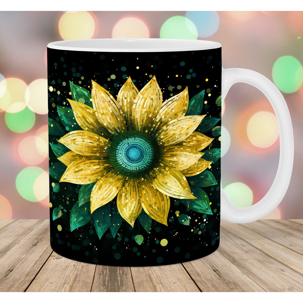 Glitter Green Yellow Sunflowers Mug Wrap, 11oz & 15oz Mug Template, Mug Sublimation Design, Mug Wrap Template, Instant Digital Download PNG.jpg