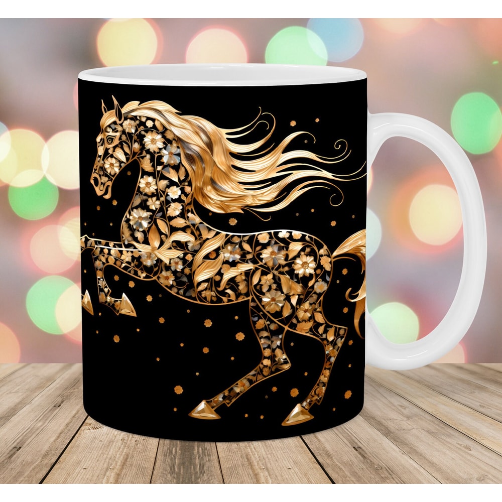Gold Horse Mug Wrap, 11oz & 15oz Mug Template, Mug Sublimation Design, Flowers Mug Wrap Template, Instant Digital Download PNG.jpg
