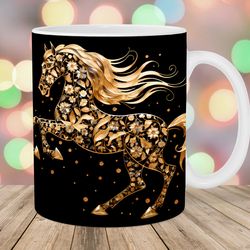 gold horse mug wrap  11oz & 15oz mug template  mug sublimation design  flowers mug wrap template