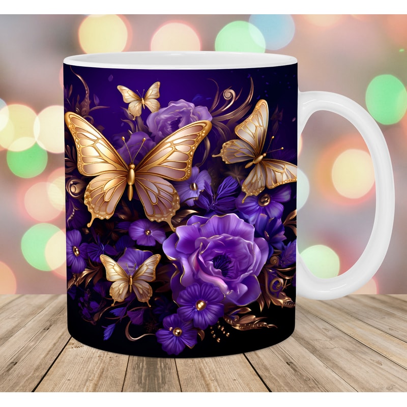 Gold Purple Butterflies Mug Wrap, 11oz & 15oz Mug Template, Mug Sublimation Design, Flower Mug Wrap Template, Instant Digital Download PNG.jpg