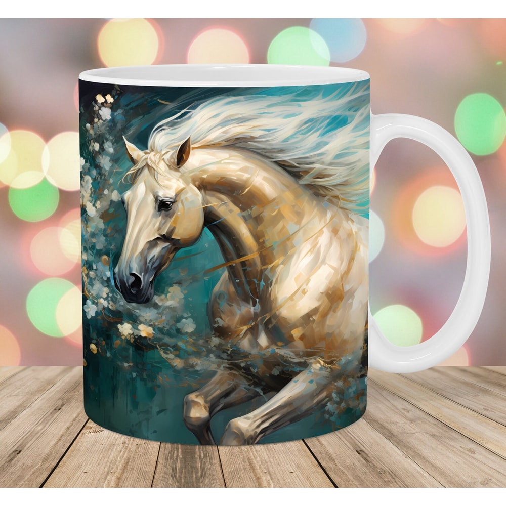 Green Gold Horse Mug Wrap, 11oz & 15oz Mug Template, Flowers Mug Sublimation Design, Mug Wrap Template, Instant Digital Download PNG.jpg