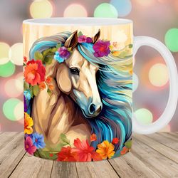 horse mug wrap  11oz and 15oz mug template  mug sublimation design  colorful flowers mug wrap template