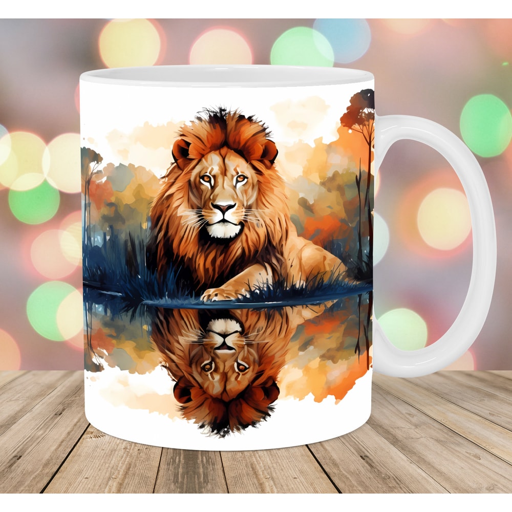 Lion Reflection Mug Wrap, 11oz And 15oz Mug Template, Mug Sublimation Design, Forest Mug Wrap Template, Instant Digital Download PNG.jpg