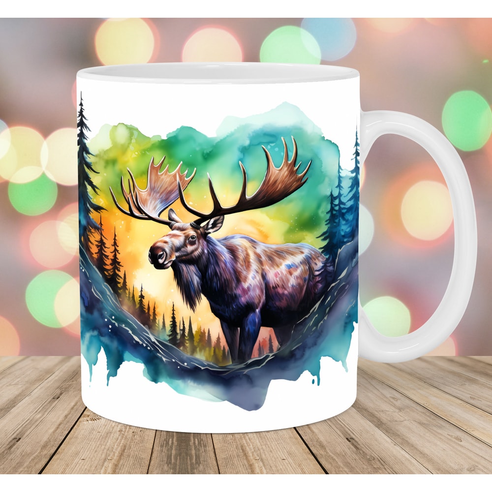 Moose Mug Wrap, 11oz And 15oz Mug Template, Colorful Mug Sublimation Design, Northern Lights Mug Wrap Template, Instant Digital Download PNG.jpg
