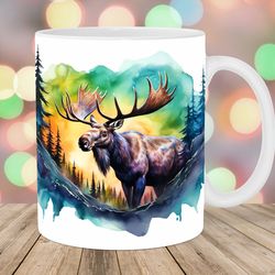 moose mug wrap  11oz and 15oz mug template  colorful mug sublimation design  northern lights mug wrap template