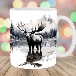 moose reflection mug wrap  11oz & 15oz mug template  lake mug sublimation design  forest mug wrap template