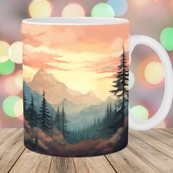 mountain forest landscape mug wrap  11oz and 15oz mug template  mug sublimation design  mug wrap template