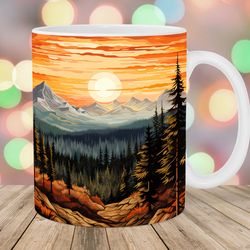 mountain forest sunset landscape mug wrap  11oz & 15oz mug template  mug sublimation design  mug wrap template