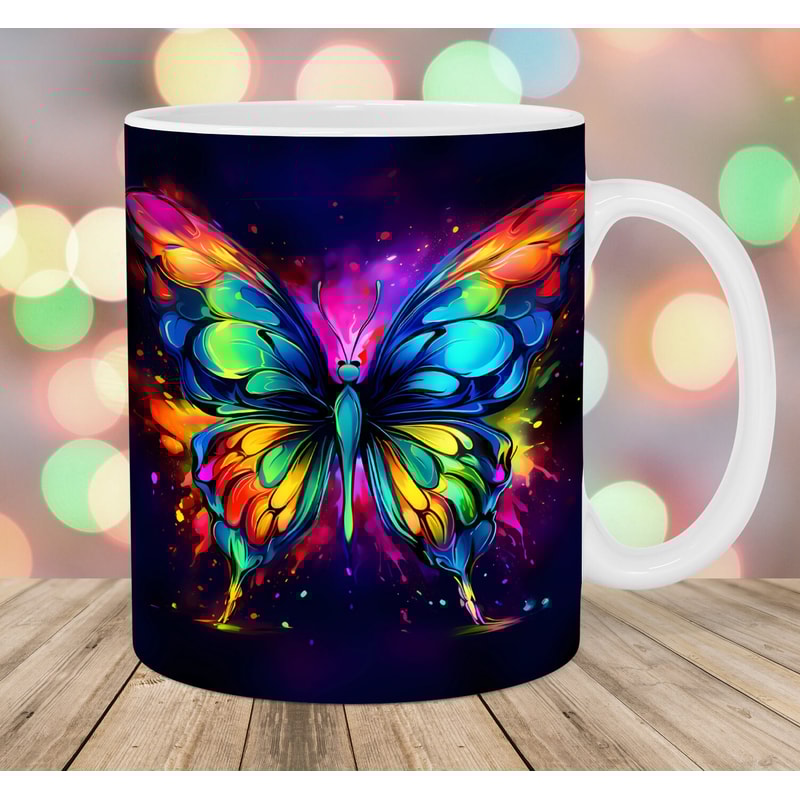 Neon Colorful Butterfly Mug Wrap, 11oz And 15oz Mug Template, Mug Sublimation Design, Mug Wrap Template, Instant Digital Download PNG.jpg