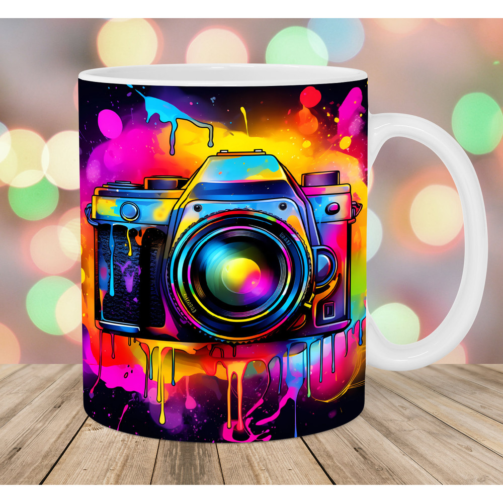 Neon Colorful Photo Camera Mug Wrap, 11oz And 15oz Mug Template, Mug Sublimation Design, Mug Wrap Template, Instant Digital Download PNG.jpg