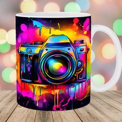 neon colorful photo camera mug wrap  11oz and 15oz mug template  mug sublimation design  mug wrap template