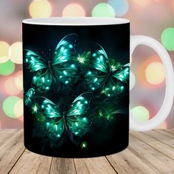 neon green butterflies mug wrap  11oz & 15oz mug template  mug sublimation design  mug wrap template