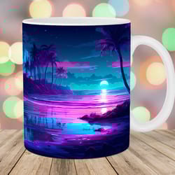 neon green butteneon night beach landscape mug wrap 11oz and 15oz mug template mug sublimation design mug wrap templa