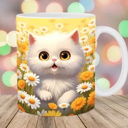 persian kitten mug wrap  11oz & 15oz mug template  mug sublimation design  daisies mug wrap template