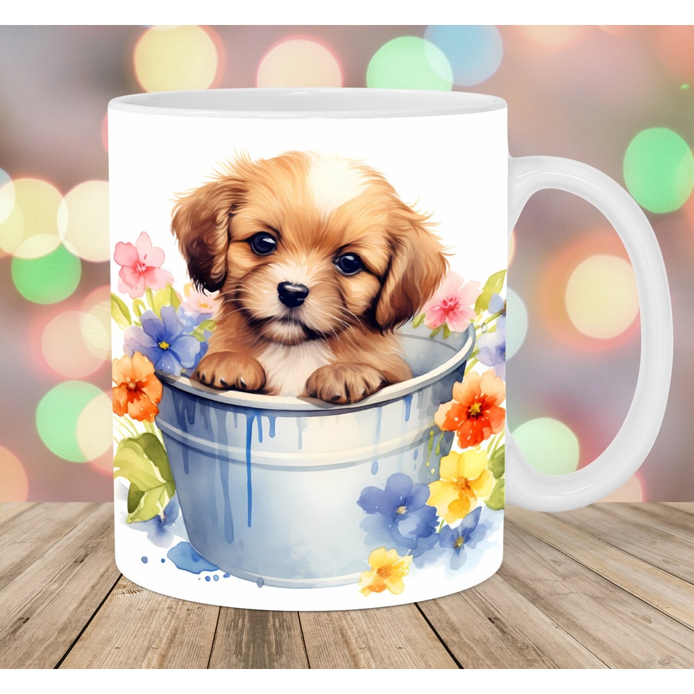 Puppy In Flowers Bucket Mug Wrap, 11oz And 15oz Mug Template, Mug Sublimation Design, Mug Wrap Template, Instant Digital Download PNG.jpg