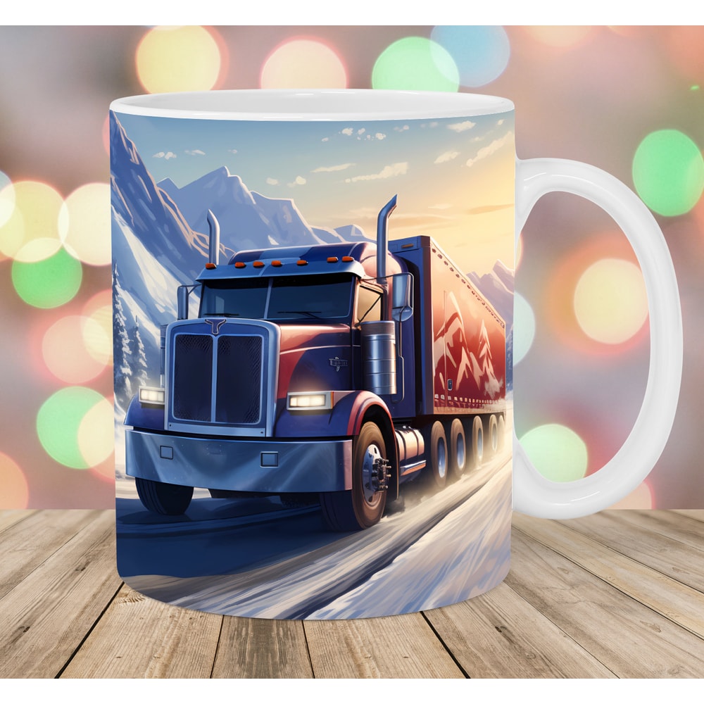 Semi Truck Mug Wrap, 11oz And 15oz Mug Template, Mug Sublimation Design, Winter Mountains Mug Wrap Template, Instant Digital Download PNG.jpg
