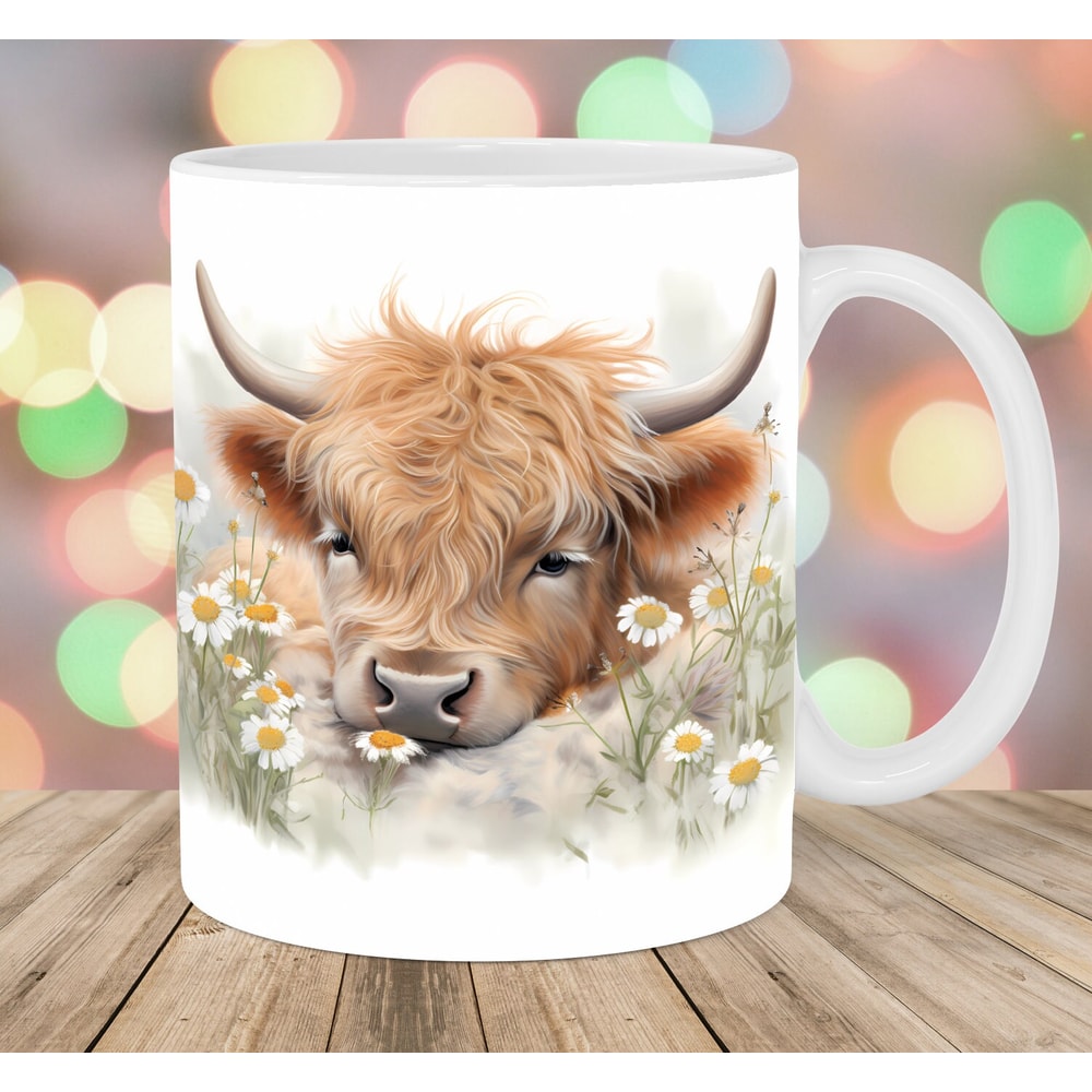 Sleeping Highland Cow Mug Wrap, 11oz And 15oz Mug Template, Mug Sublimation Design, Flowers Mug Wrap Template, Instant Digital Download PNG.jpg