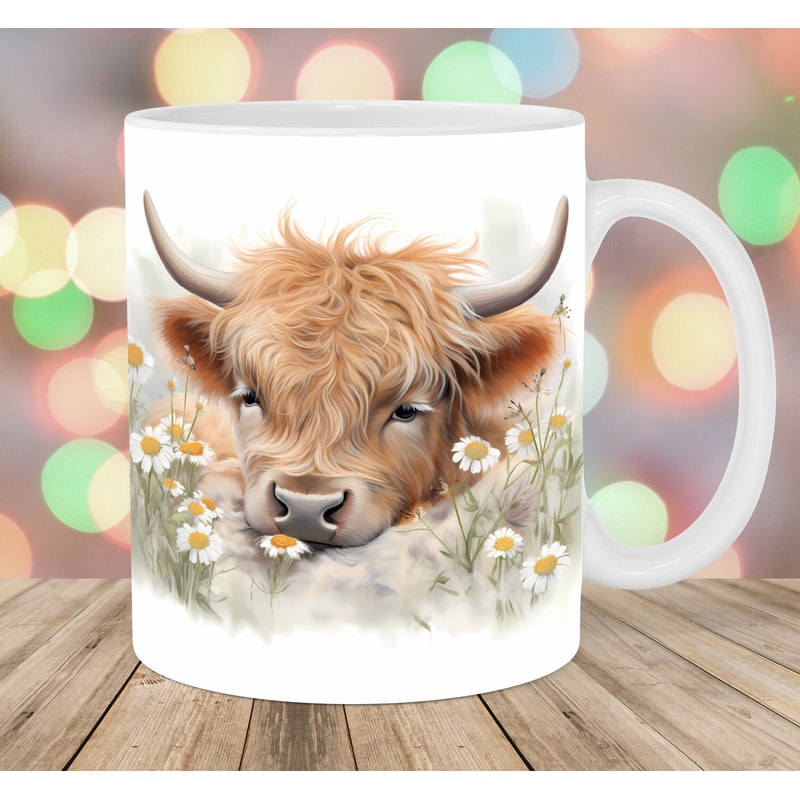 Sleeping Highland Cow Mug Wrap, 11oz And 15oz Mug Template, Mug Sublimation Design, Flowers Mug Wrap Template, Instant Digital Download PNG.jpg