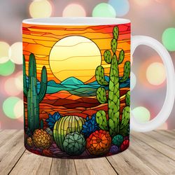 stained glass cactus mug wrap  11oz & 15oz mug template  mug sublimation design  sunset mug wrap template