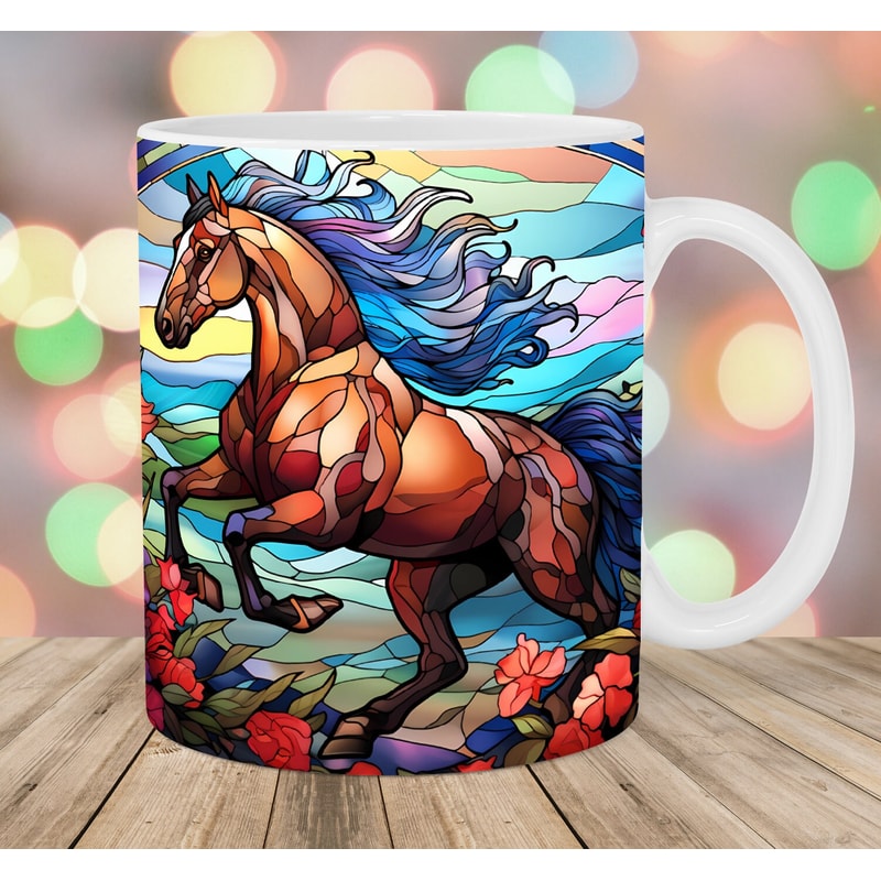 Stained Glass Horse Mug Wrap, 11oz And 15oz Mug Template, Mug Sublimation Design, Flower Mug Wrap Template, Instant Digital Download PNG.jpg