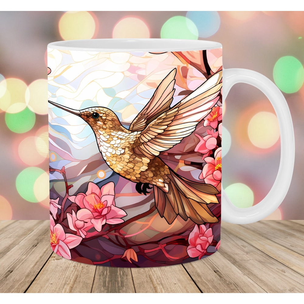 Stained Glass Hummingbird Mug Wrap, 11oz & 15oz Mug Template, Mug Sublimation Design, Flower Mug Wrap Template, Instant Digital Download PNG.jpg