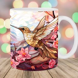 stained glass hummingbird mug wrap  11oz & 15oz mug template  mug sublimation design  flower mug wrap template