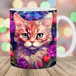 stained glass kitten mug wrap  11oz & 15oz mug template  mug sublimation design  flowers mug wrap template