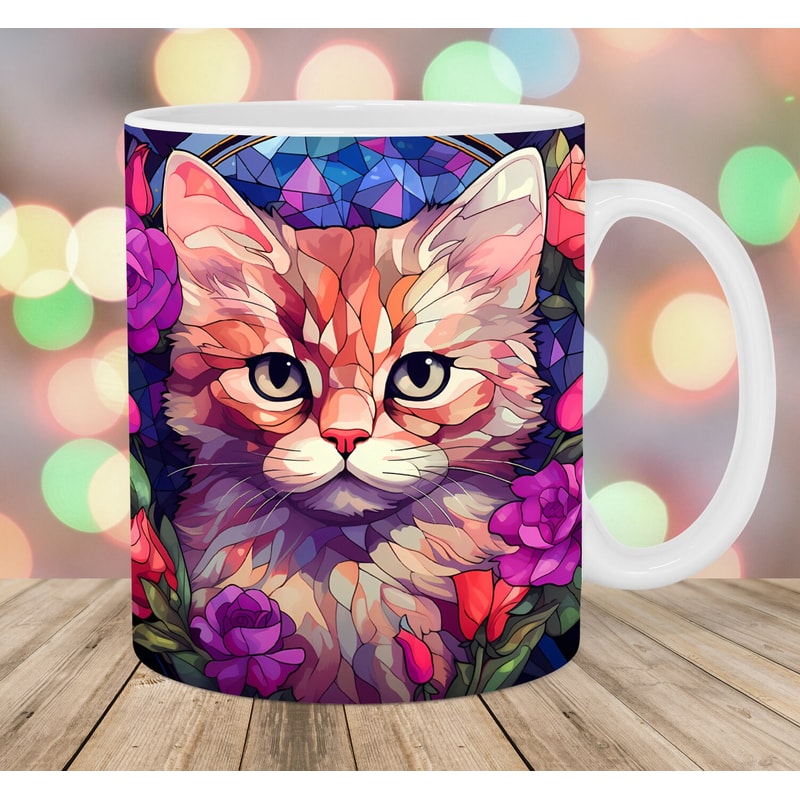 Stained Glass Kitten Mug Wrap, 11oz & 15oz Mug Template, Mug Sublimation Design, Flowers Mug Wrap Template, Instant Digital Download PNG.jpg