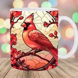 stained glass red cardinal mug wrap  11oz & 15oz mug template  mug sublimation design  bird mug wrap template