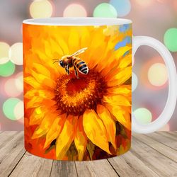 sunflowers mug wrap  11oz & 15oz mug template  flowers mug sublimation design  bee mug wrap template