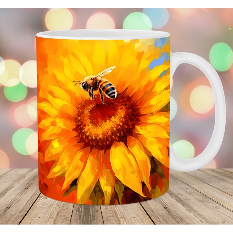Sunflowers Mug Wrap, 11oz & 15oz Mug Template, Flowers Mug Sublimation Design, Bee Mug Wrap Template, Instant Digital Download PNG.jpg