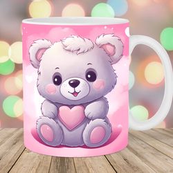 teddy bear mug wrap  11oz & 15oz mug template  pink heart mug sublimation design  mug wrap template