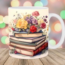 vintage books flowers mug wrap  11oz & 15oz mug template  mug sublimation design  mug wrap template
