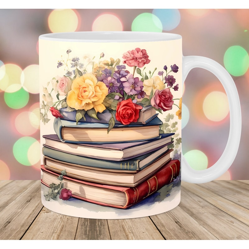 Vintage Books Flowers Mug Wrap, 11oz & 15oz Mug Template, Mug Sublimation Design, Mug Wrap Template, Instant Digital Download PNG.jpg