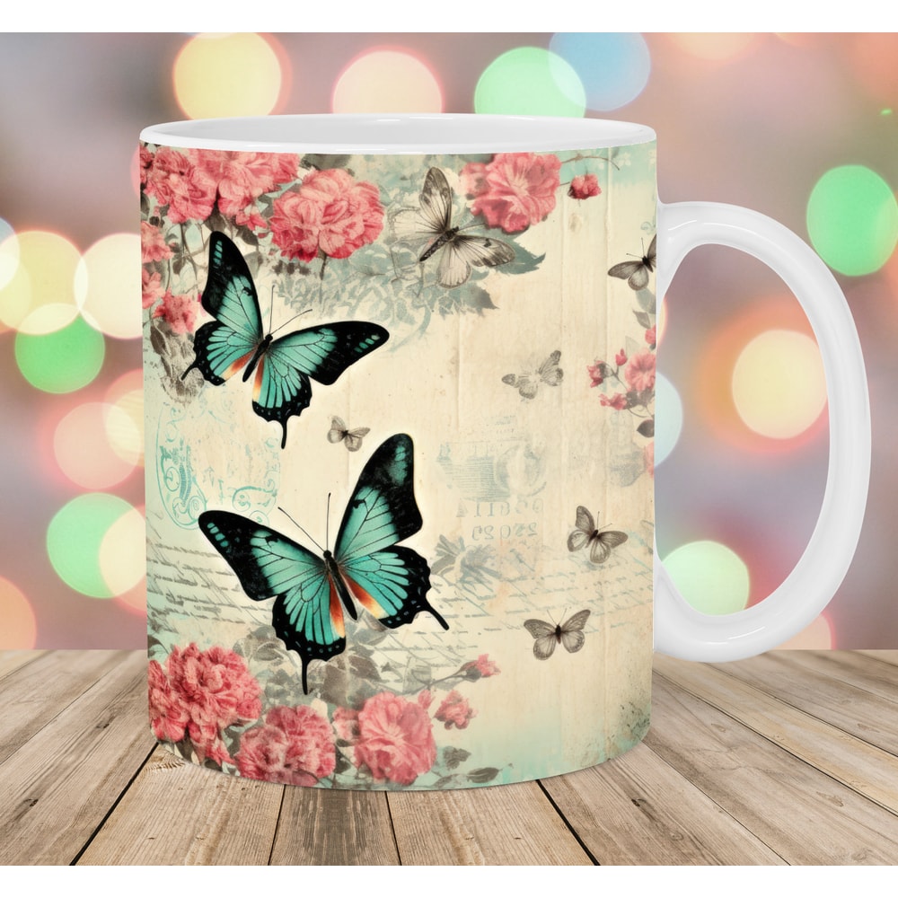 Vintage Butterflies Flowers Mug Wrap, 11oz And 15oz Mug Template, Mug Sublimation Design, Mug Wrap Template, Instant Digital Download PNG.jpg
