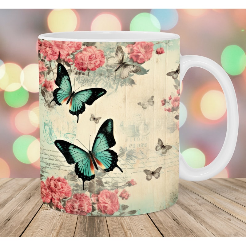 Vintage Butterflies Flowers Mug Wrap, 11oz And 15oz Mug Template, Mug Sublimation Design, Mug Wrap Template, Instant Digital Download PNG.jpg