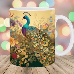 vintage peacock mug wrap  11oz & 15oz mug template  mug sublimation design  flowers mug wrap template
