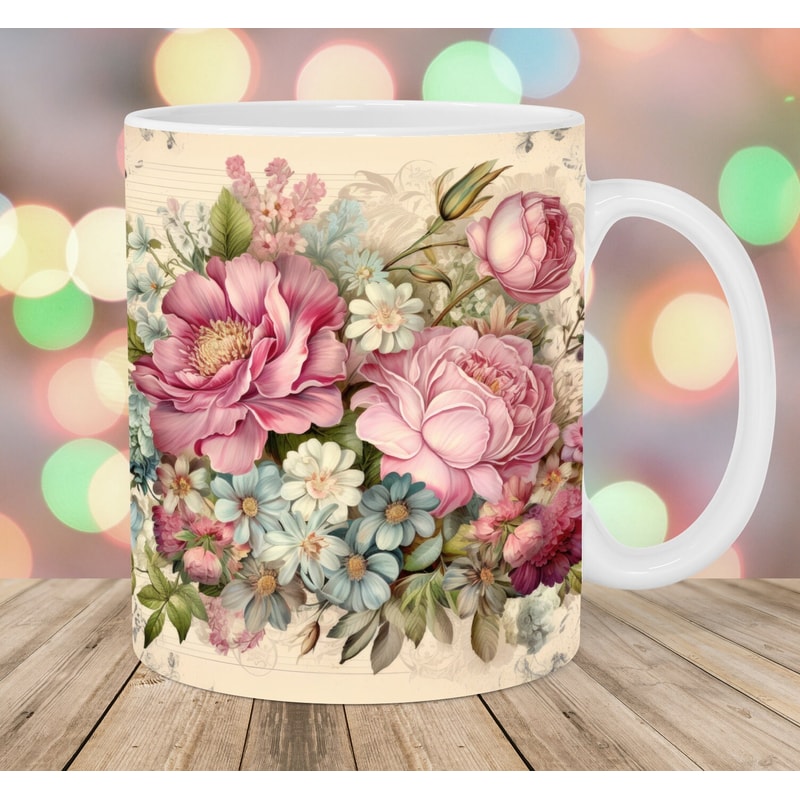 Vintage Pink Flowers Mug Wrap, 11oz And 15oz Mug Template, Mug Sublimation Design, Mug Wrap Template, Instant Digital Download PNG.jpg